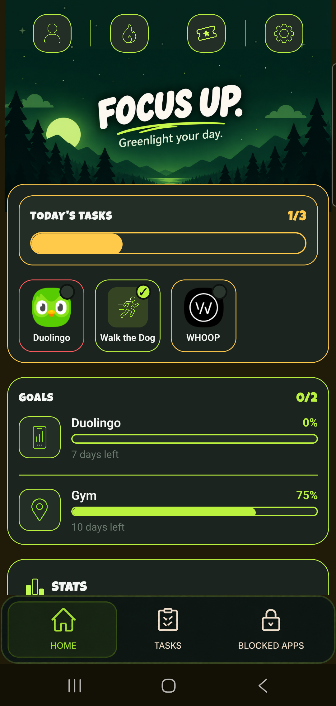 GoSignal home screen showing today's tasks and goals